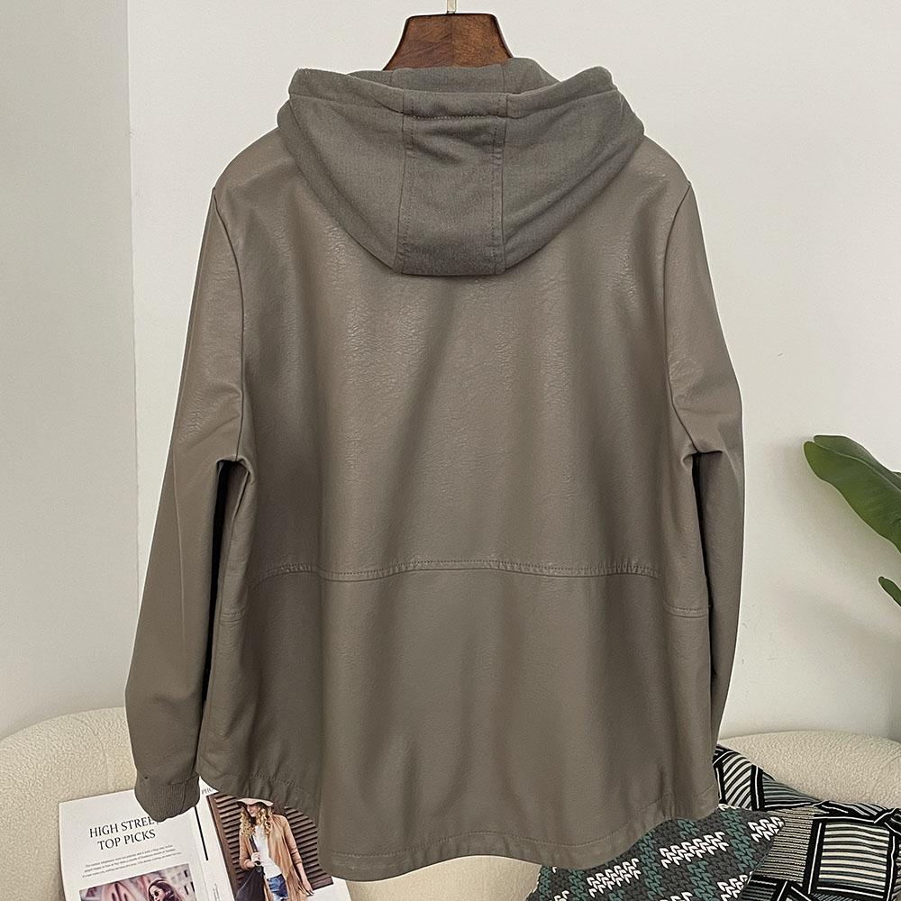 OFTBUY Femmes À Capuche Vintage Ample PU Faux Cuir Chapeau Veste Courte Décontractée Veste de Moto Féminine Zippée Rétro Moto Biker Manteau Vêtements d'Extérieur Hauts