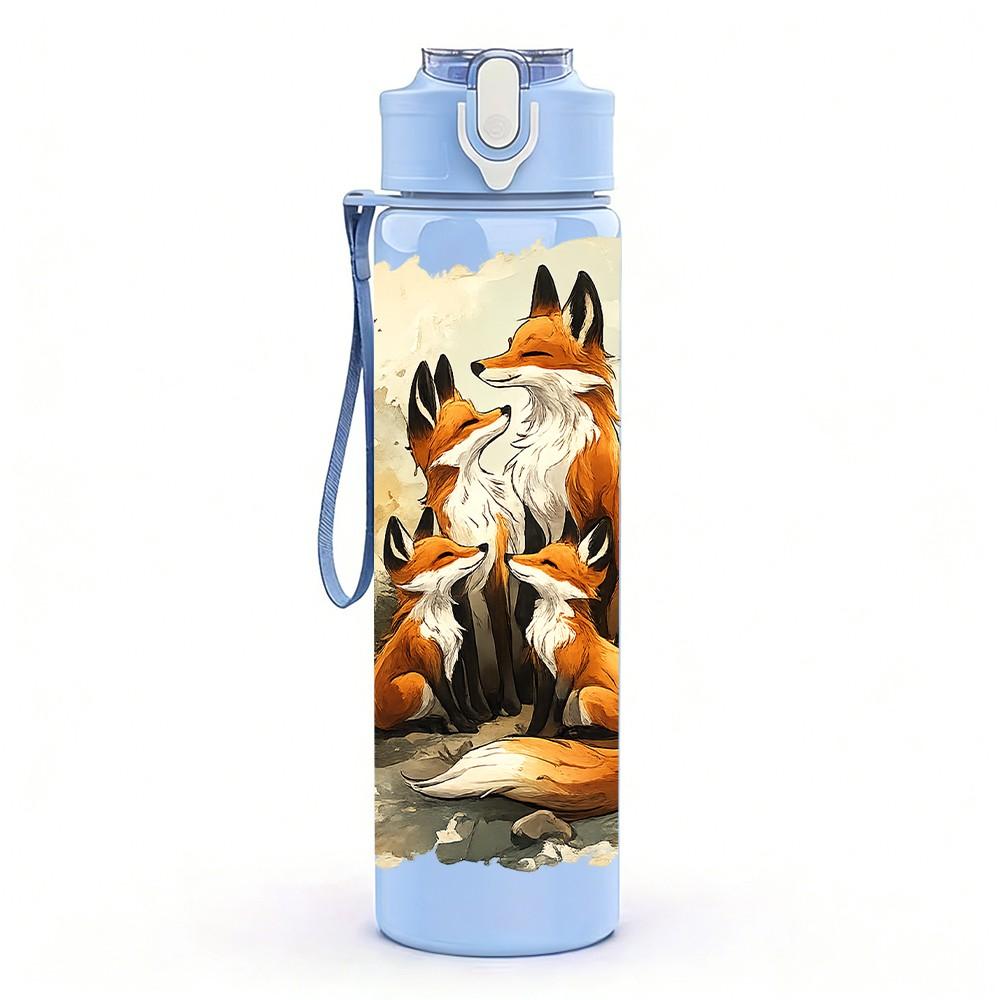 1 Stück Fuchswild Herbstwald Szene Druck 750ml Farbe Kunststoff Sport Wasserflasche Auslaufsicher Klappdeckel mit Strohhalm Geeignet für Sport Büro Heimgebrauch