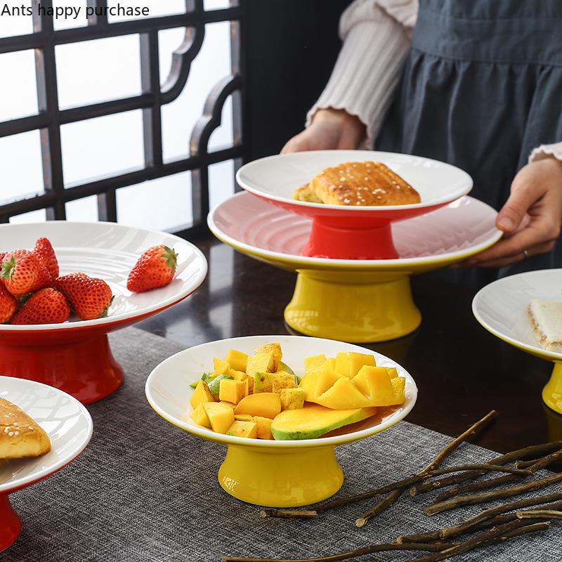 Ceramic Plate Fruit Tray Stilt Refreshment Tray Hand Painted Plum Decoration Plate Dessert Snack Dishes Salad Bowl Tableware