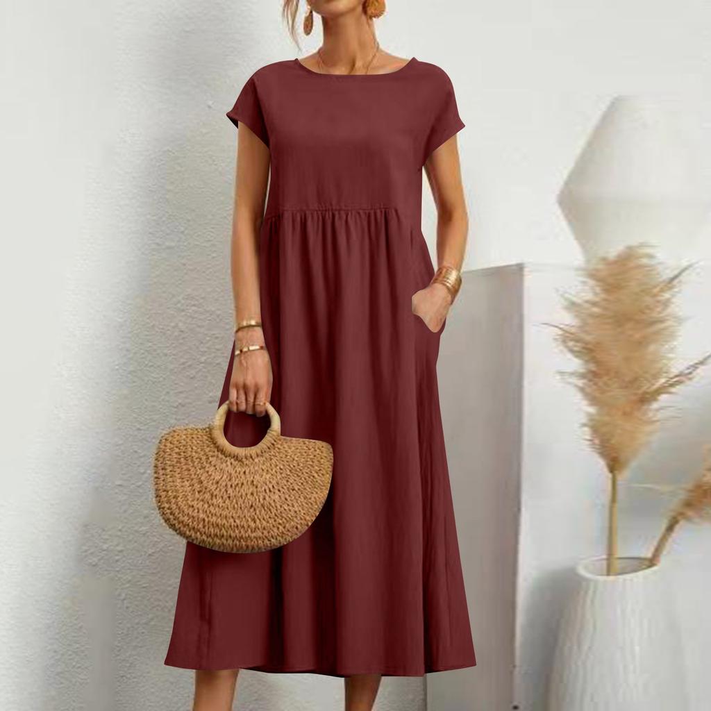 Abito da donna colorato a maniche corte, ampio, in cotone e lino, con tasche