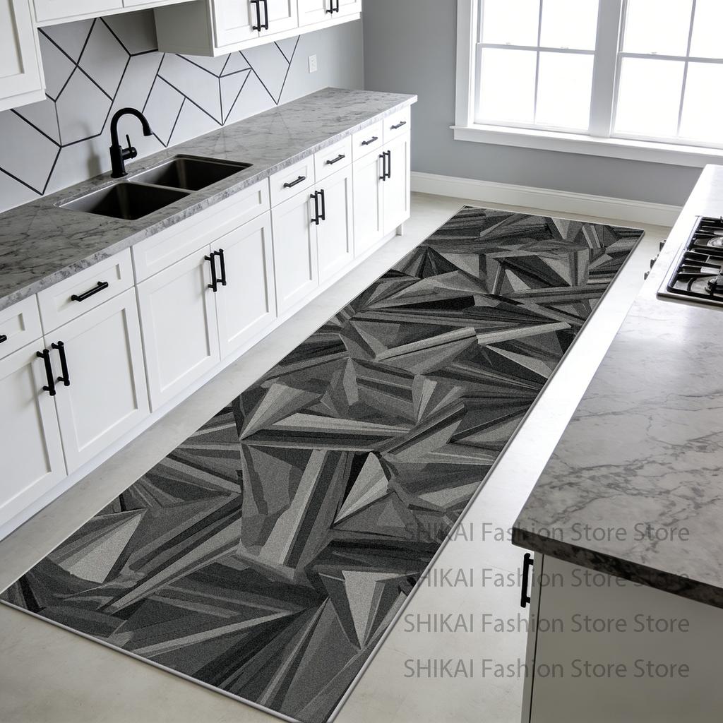 Black White Geometry Easy Clean Kitchen Long Carpet Decoration Bedside Antiskid Soft Rug Foldable Lint-free Doorway Floor Mats