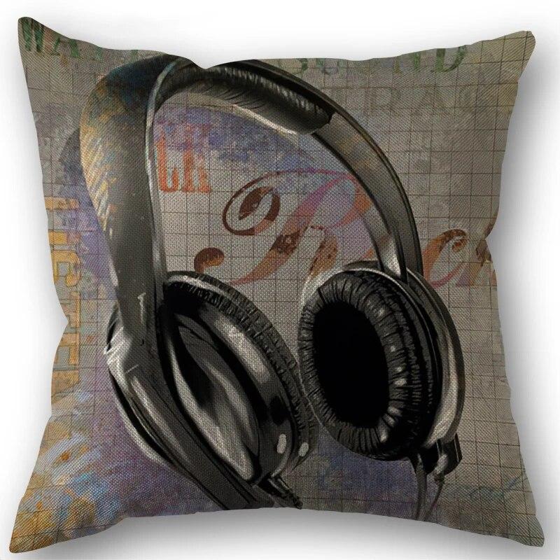 Music Style Throw Pillow Cover Guitar Microphone Headphone Theme Decorative Square Linen Cushion Cover 18X18 Inch One Sides