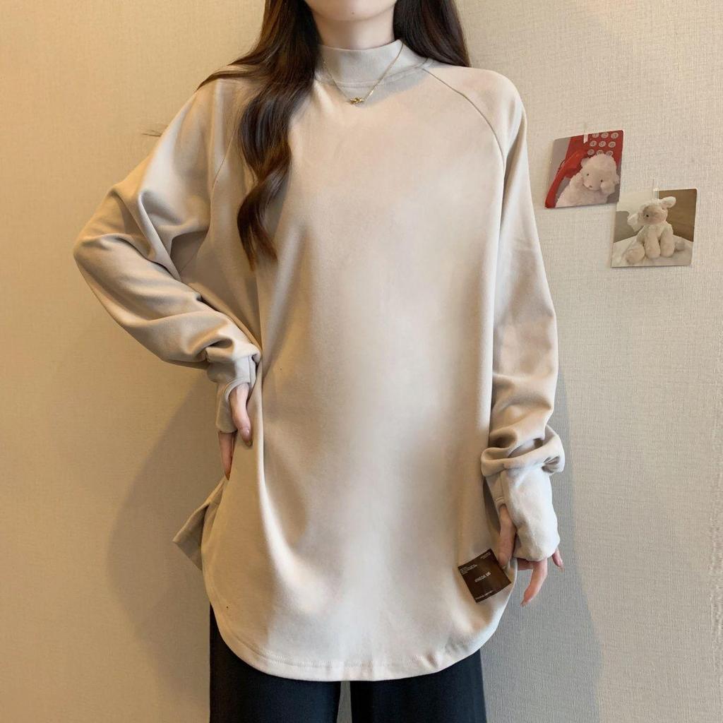 Plus Size Velvet Half-High Collar Slimming Base Layer Top for Women - New Autumn/Winter Warm Long Sleeve Top