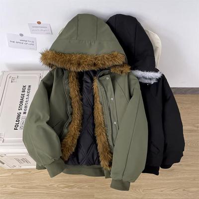 Unisex Winter Retro Thickened Cotton Jacket with Large Fur Collar Hood