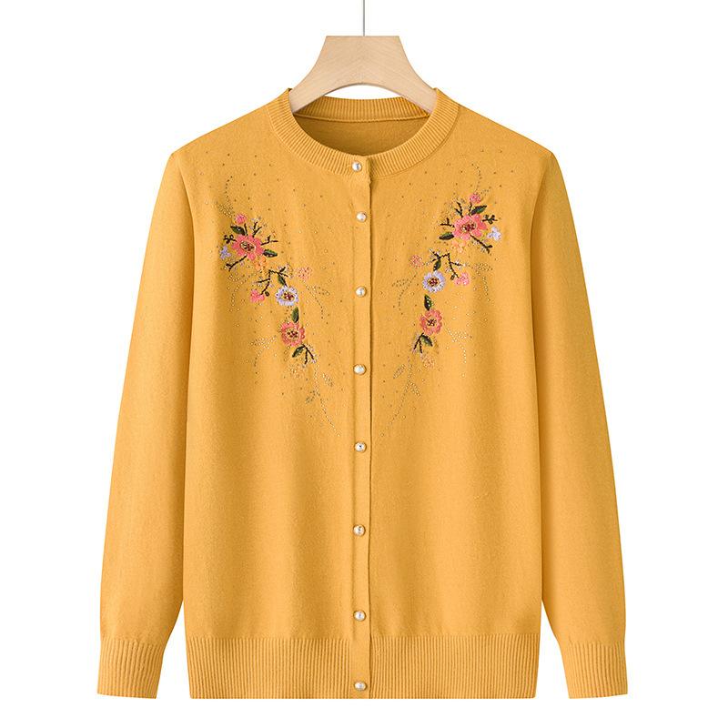Women's Spring and Autumn Embroidery Knit Cardigan Jacket Middle-aged and Elderly Single-breasted Slim Sweater Clothing