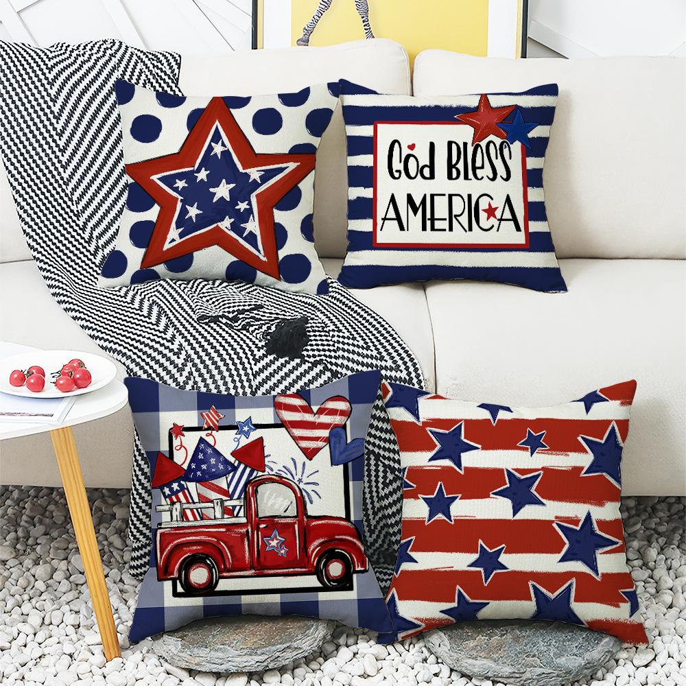 Home American Sofa Linen Square Cushion Cover Striped Letter Print Independence Day Pillow Cover
