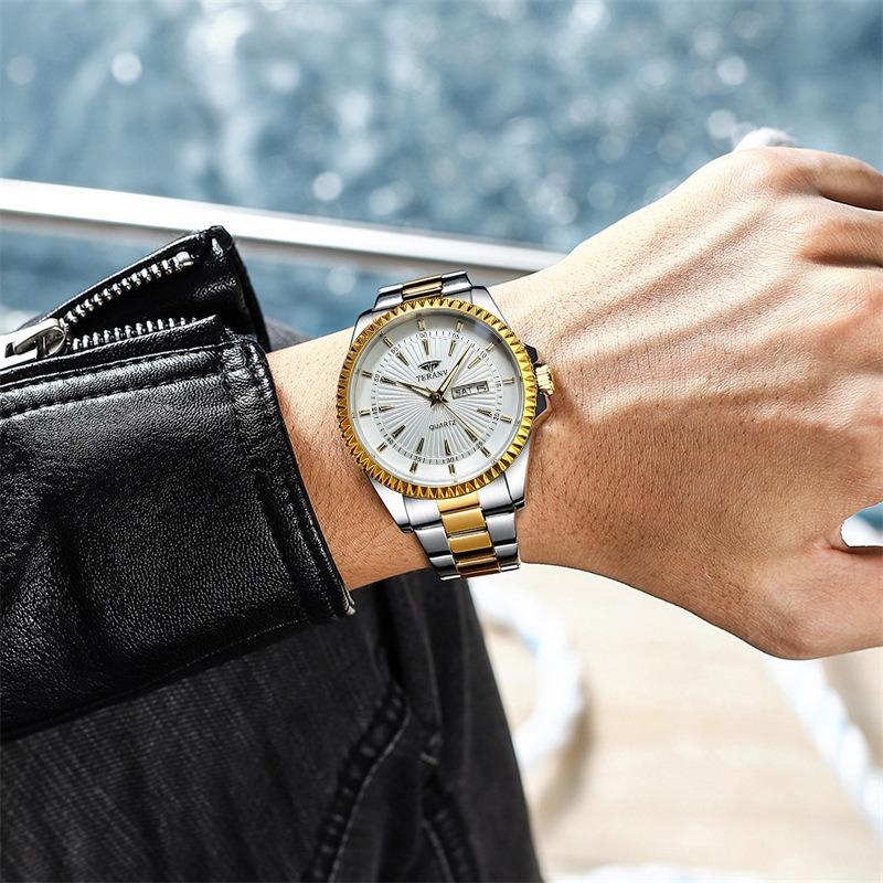 Herren Wasserdichte Doppelkalender Stahlarmband Quarz Armbanduhr Mode Business