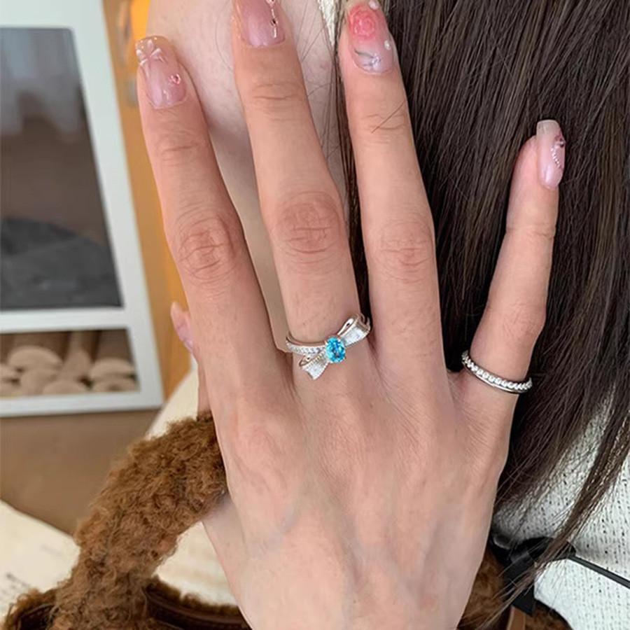 Fashionable Adjustable Sea Blue Butterfly Knot Ring For Women With Dazzling Zircon