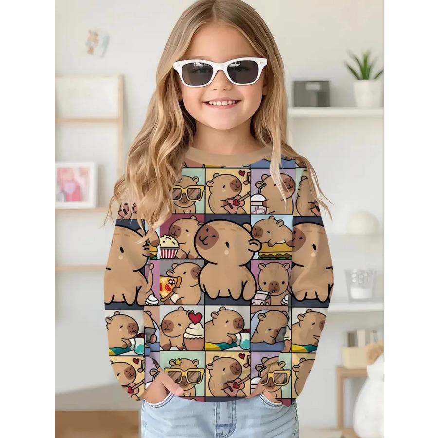 Capybara T-Shirts Children Cartoon Graphic Tee Harajuku Girl Tops Japanese Fashion Cute Animals Long Sleeves Children's Clothing
