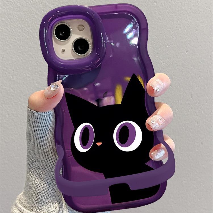 Applicable To Apple 15pm Mobile Phone Case IPhone 13 Big Eyes Black Cat 14 Wavy Edge Invisible Double Bracket 12/11