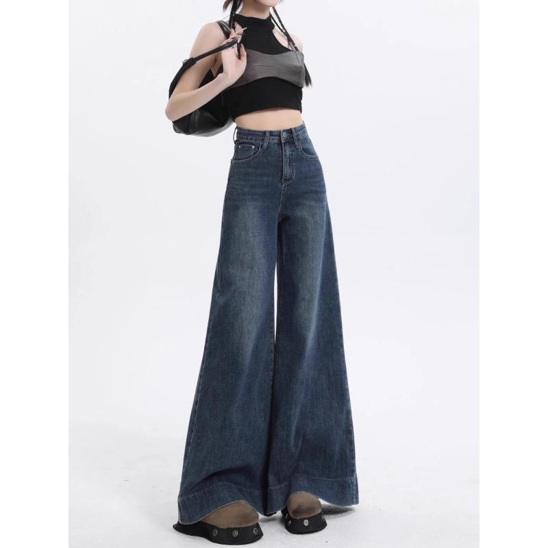 Women American Vintage Wide Leg Jeans High Waist Loose Flared Trousers Draped Floor-Length Denim Pants Autumn Casual Pants