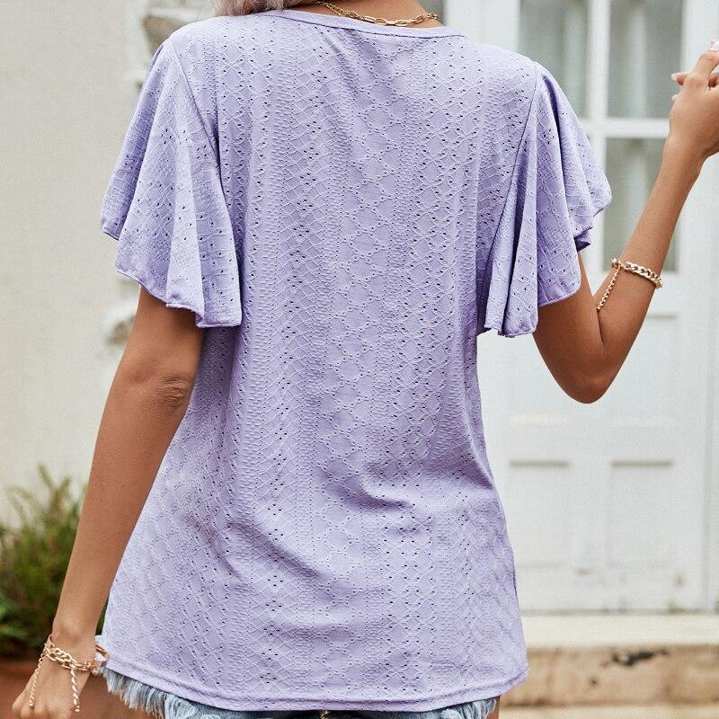 Butterfly Sleeve Loose Women T-Shirt 2023 Summer Solid Hollow Ruffled Casual Tshirts Woman Fashion Round Neck Tees Tops 25978