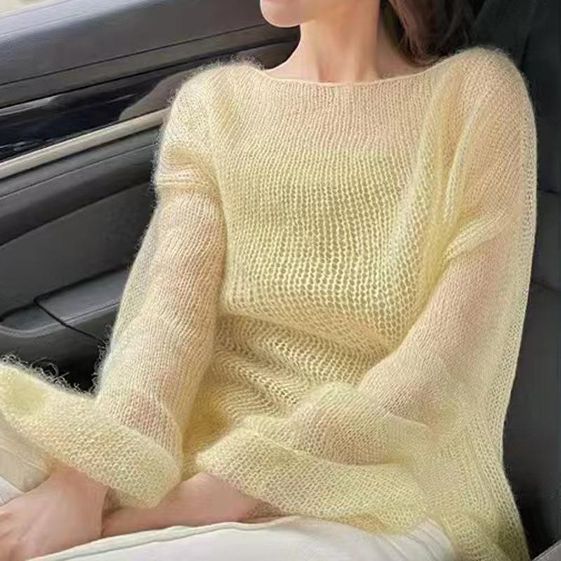 Summer Hollow Out Round Neck Loose Knitted Sweater Women Fashion Thin Solid Pullovers Casual Sweaters Women Vintage Slim Fit Lady Knitwear Tops 26527