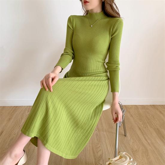Women's Knitted A-Line Dress Half High Neck Long Sleeve Knee-Length Dress Winter Ribbed Sweater Dress Ladies Office Outfit
