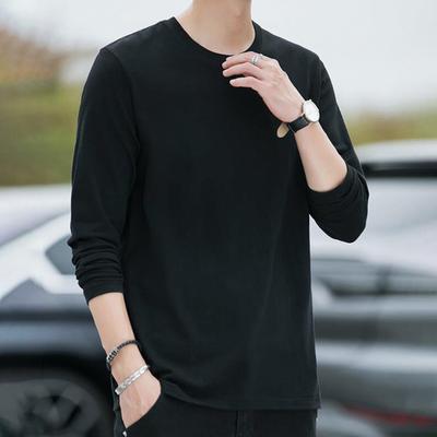 Yousheng Men Tops Round Neck Long Sleeve Autumn Tops Solid Color Thin Bottom Tops Regular Style Casual Pullover Tops