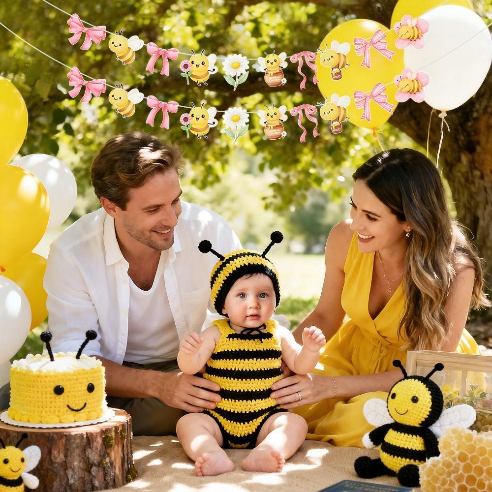 2-Layer Sweet as Can Bee Banner Pastel Watercolor Gender Reveal Bee and Daisy Garland with Bow Spring Party Decor