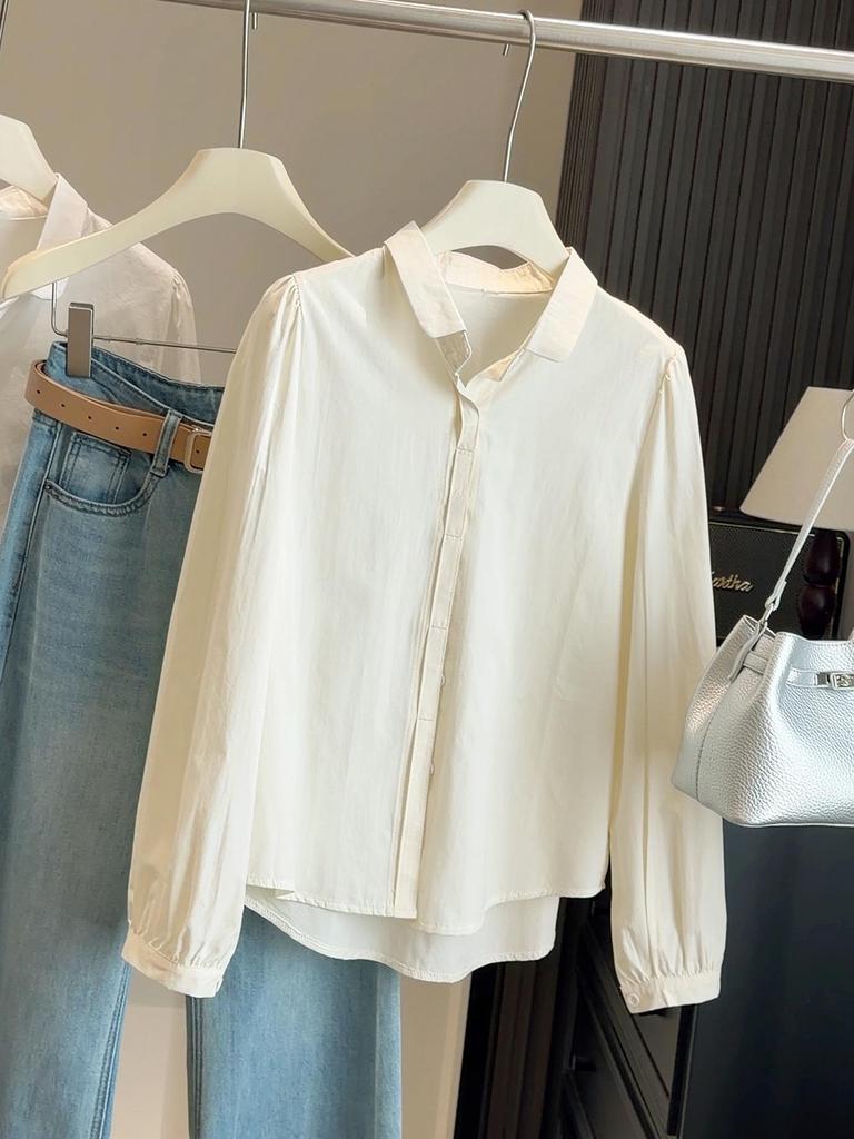 Women's Spring Slimming White Lapel Shirt - 2026 Trendy Korean Style Long Sleeve Versatile Top