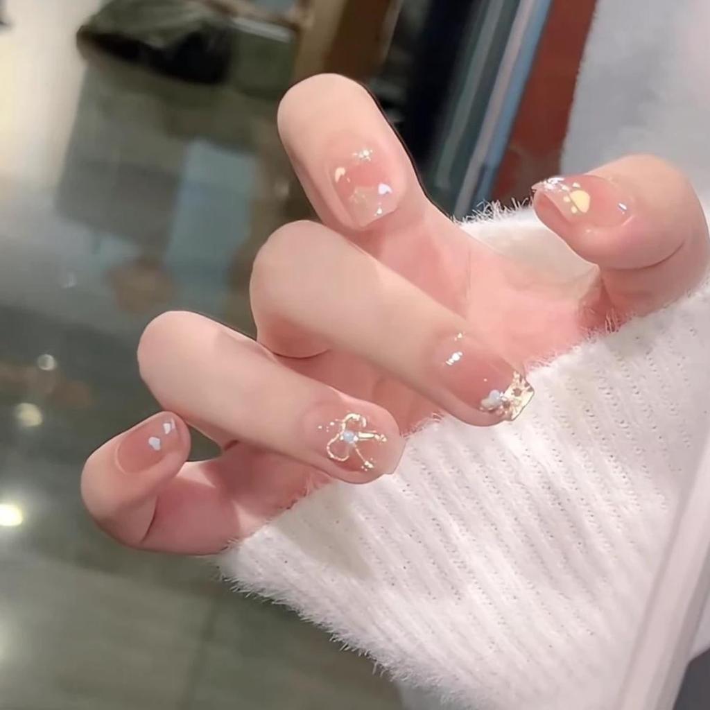 KT Pink Bow Removable French Short Nails - Cute Heart Design for Students & Parties