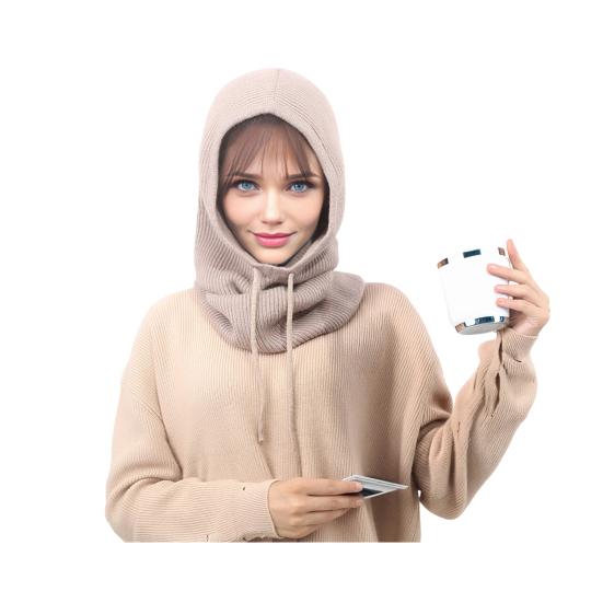 Strickmütze Schal Kombi Einfarbig Verstellbarer Kordelzug Kapuzenschal Damen Winter Warm Winddicht Elastisch Thermomütze