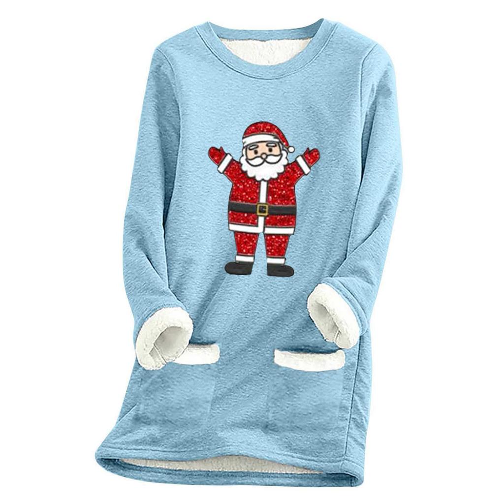 Ladies' Loose And Comfortable Round Neck Christmas Print Thick With Pockets Long Sleeved Top