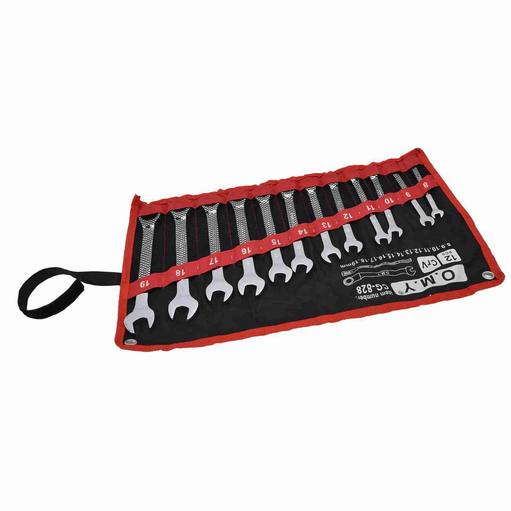 12Pcs Ratchet Wrench Set Kit Metric Combination Chrome Vanadium Steel 8‑19mm with Storage BagFixed Head