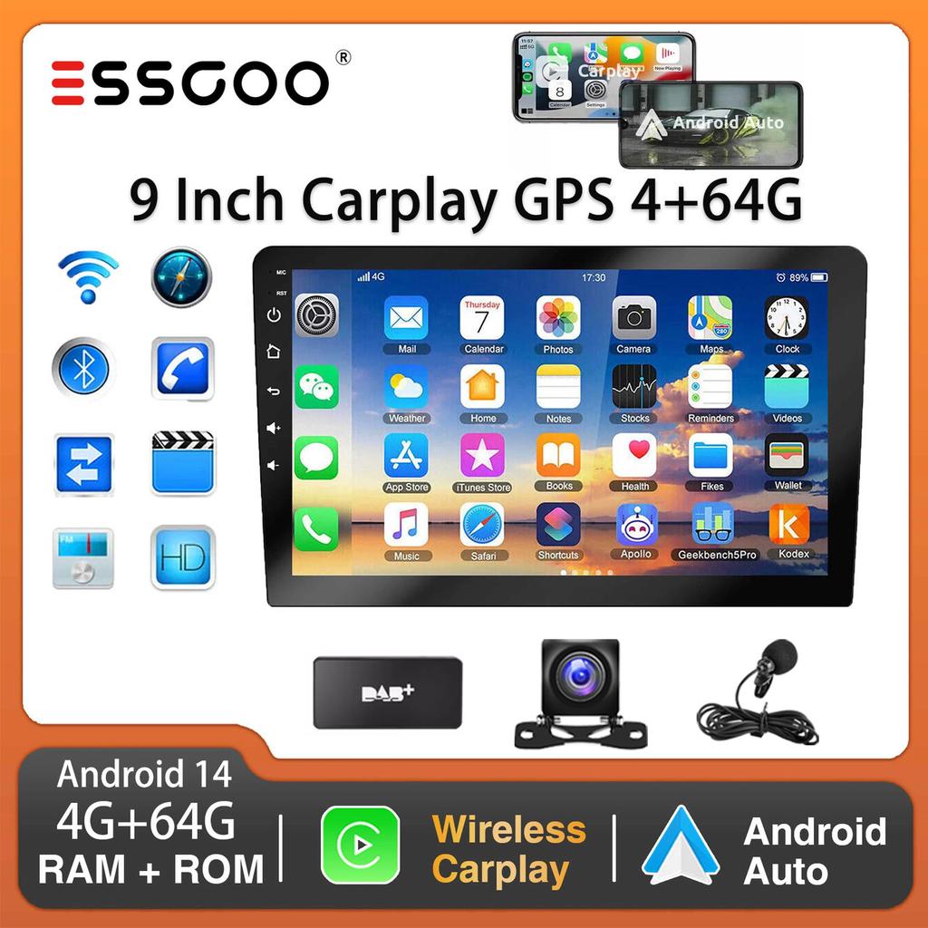 9Inch 2 DIN Car Stereo Radio Wirless Carplay Android Auto Car Stereo Bluetooth 64G GPS Navigation RDS WiFi USB FM DAB+CAM