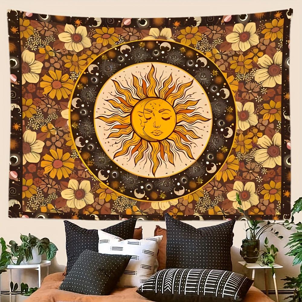 1 Bohemian Sun and Moon Tapestry with Floral and Celestial Patterns - Vintage Wall Hanging for Bedroom, Dorm, Polyester Fabric