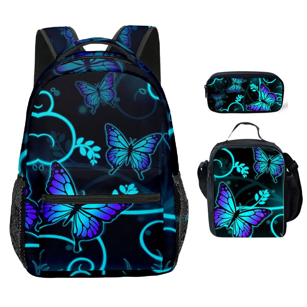 Classico Novità Fresco Bello Farfalla Stampa 3D 3pz/Set Studente Borse Scolastiche Zaino per Laptop Borsa a Tracolla Borsa Pranzo Astuccio