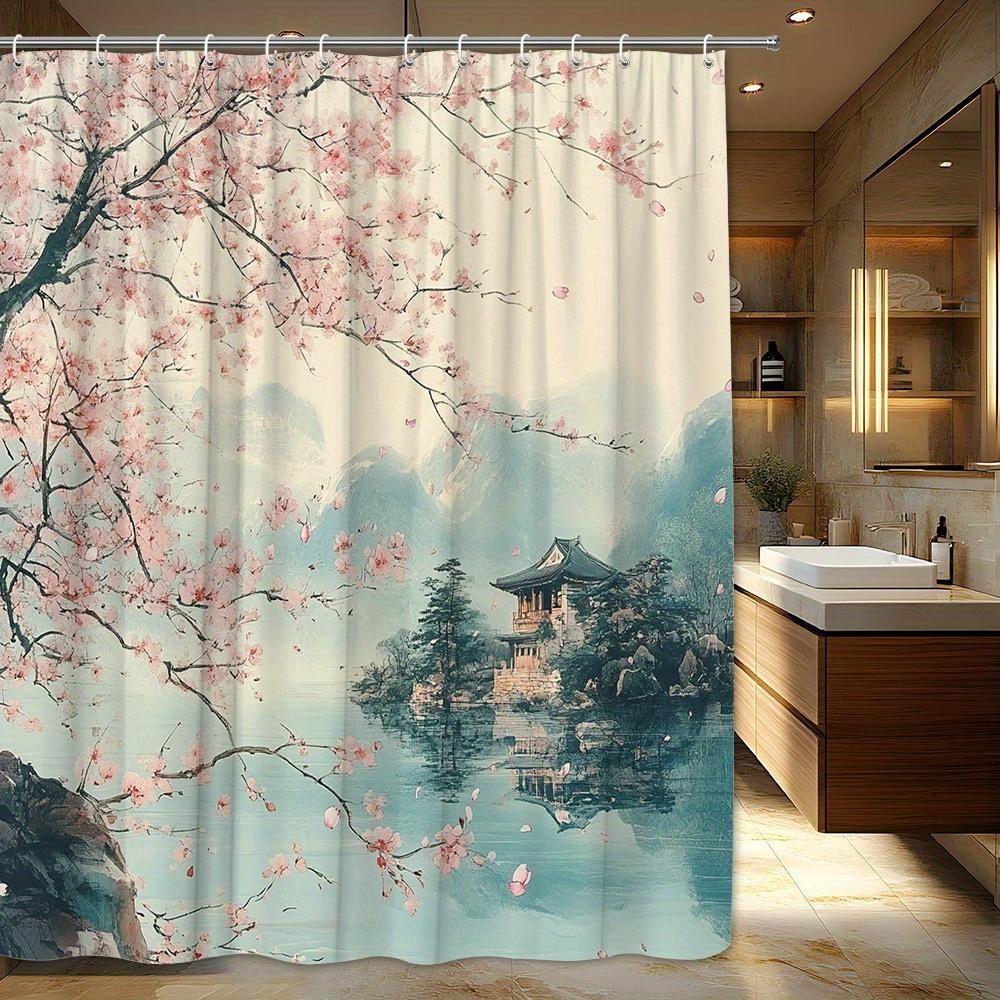 

Занавеска для душа Пагода Сакуры, Азиатский дизайн, Полиэстер, 12 крючков, Машинная стирка, Декор для ванной комнаты W90xH180cm