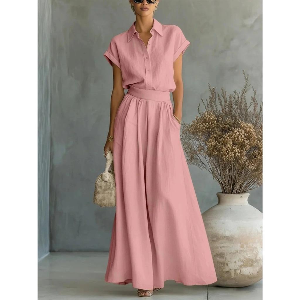 Women's Collared Short Sleeve Top Wide Leg Pants Set Loose Fit Casual Two Piece Outfit