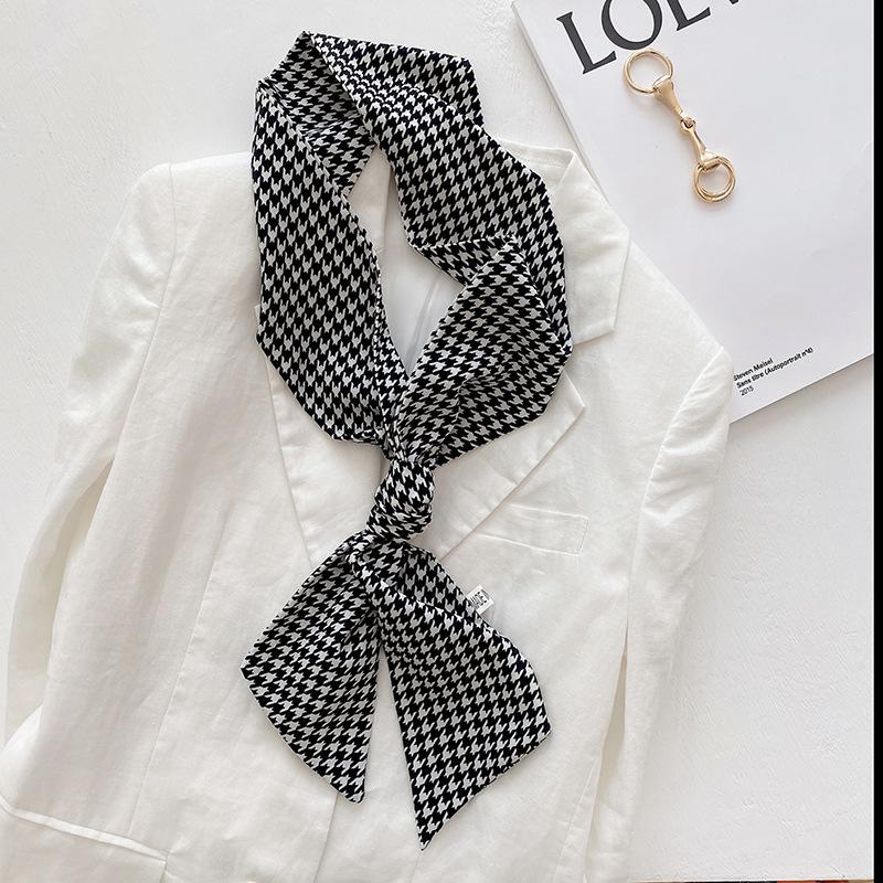 South Korea Dongdaemun small silk scarf women s thousand birds plaid printing spring and autumn fashion scarf British retro fashion decoration 140*10cm