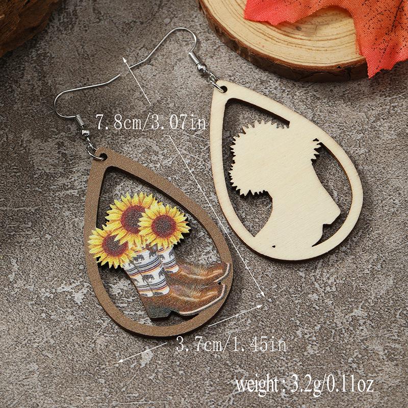 Water Drop Wooden Sunflower Leopard Cactus Earrings
