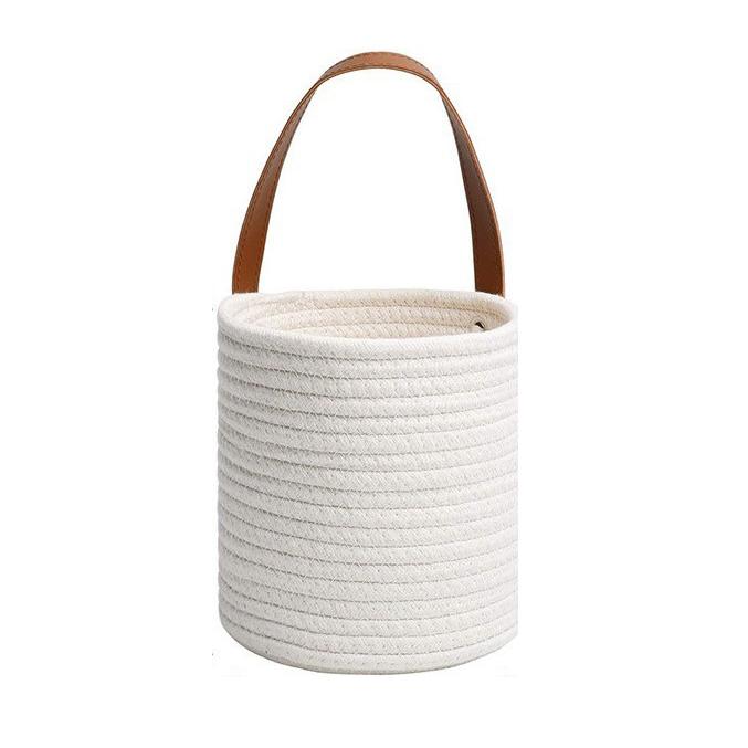 Hanging Cotton Rope Storage Basket Boho Woven Wall Basket with Leather Handle for Plants Towels Toys Rustic Home Decor Organizer 16cmX18cm белый 2530₽