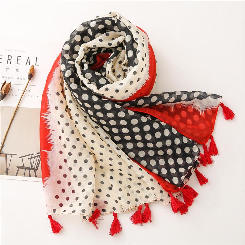Four Seasons New Korean Edition Versatile Size Dot Contrasting Color Cotton And Hemp Shawl Dual Purpose Long Beach Scarf For Women