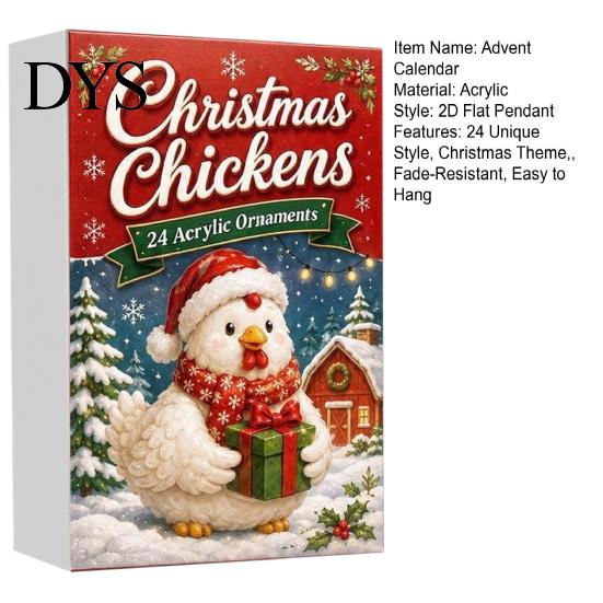 Decorative Xmas Pendant Collection Christmas Chicken Advent Calendar 2026, 24 Unique 2D Acrylic Holiday Countdown Surprise Gift Ornaments, Cute