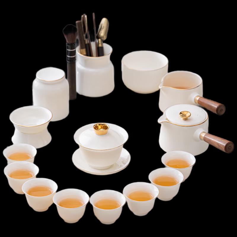 Dehua Ceramic Gold-Painted Kung Fu Tea Set with Gaiwan & Side Pot
