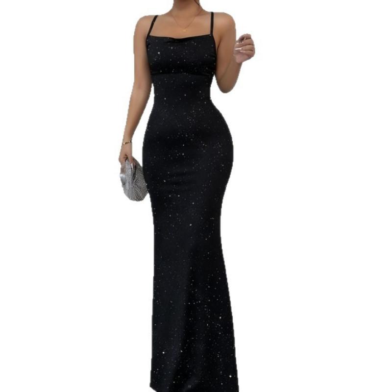 Women's Spaghetti Strap Glitter Bodycon Maxi Dress Straight Neck Mermaid Hem Black Sexy Evening Cocktail Party Banquet Formal Gown