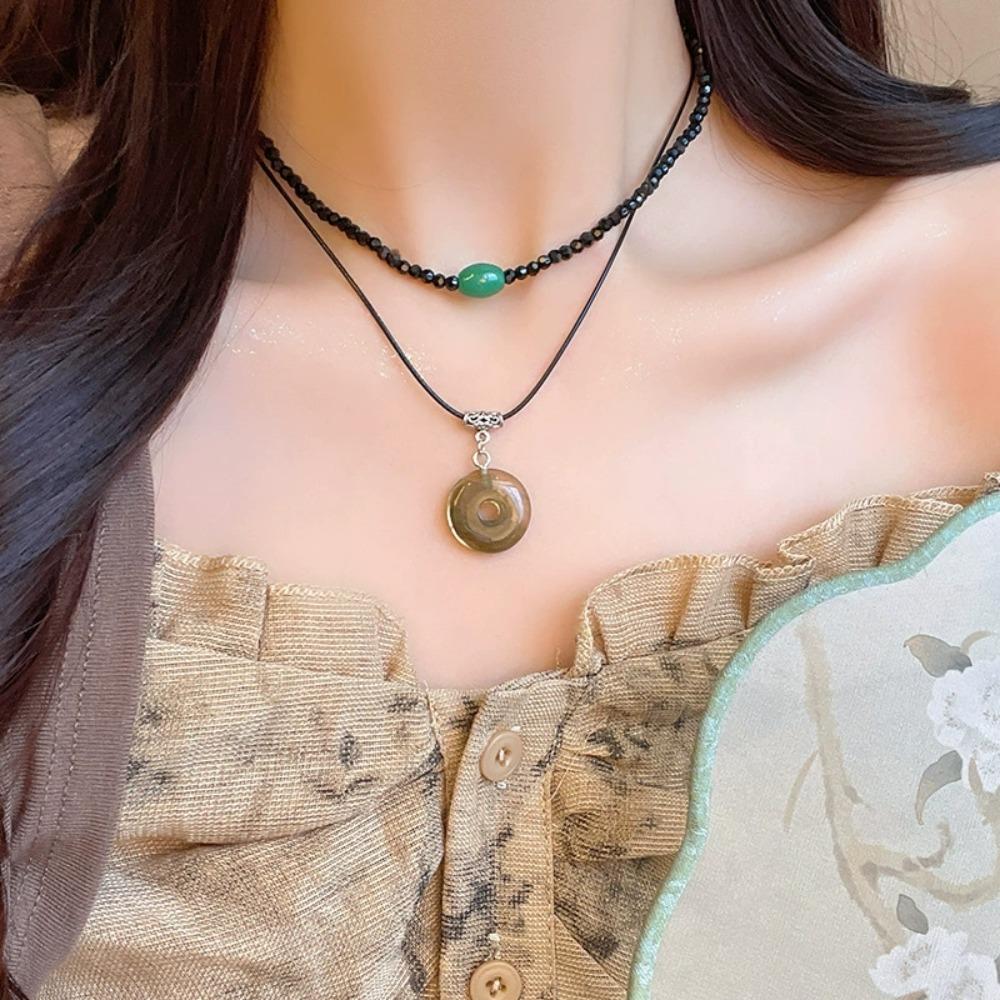 Retro Peace Buckle Pendant Necklace Chinese Jewelry Versatile Neck Chain for Women Men Multi layered Stacked Chokers Set