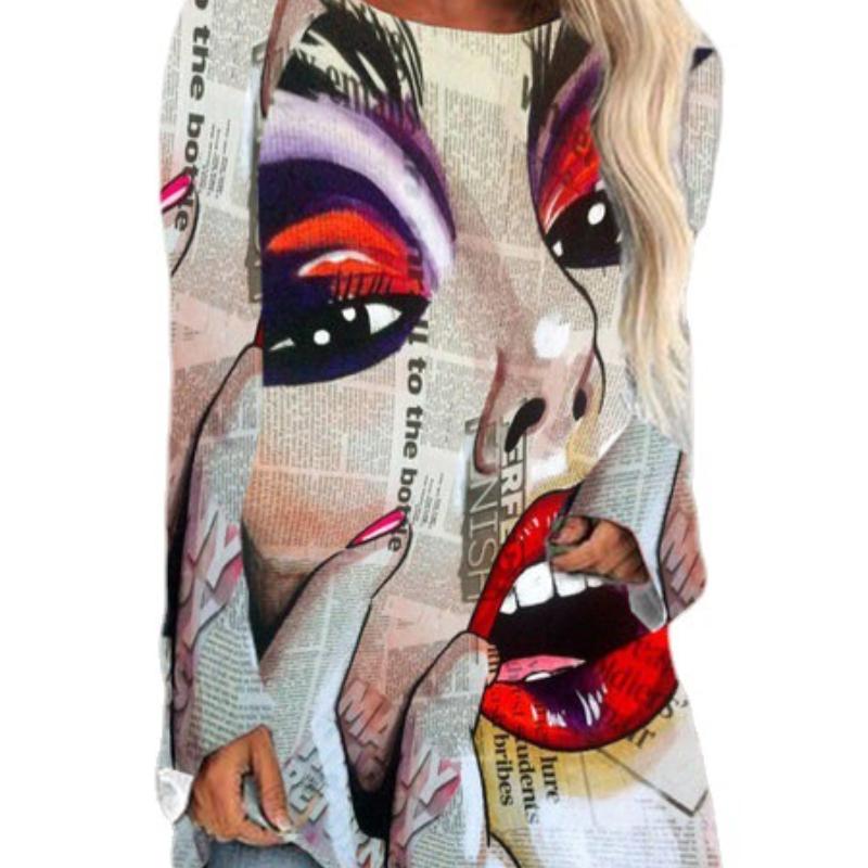 

Женская осенняя футболка с принтом для девочек больших размеров, удобная футболка с длинными рукавами и круглым вырезом, повседневная мешковатая футболка средней длины, топ