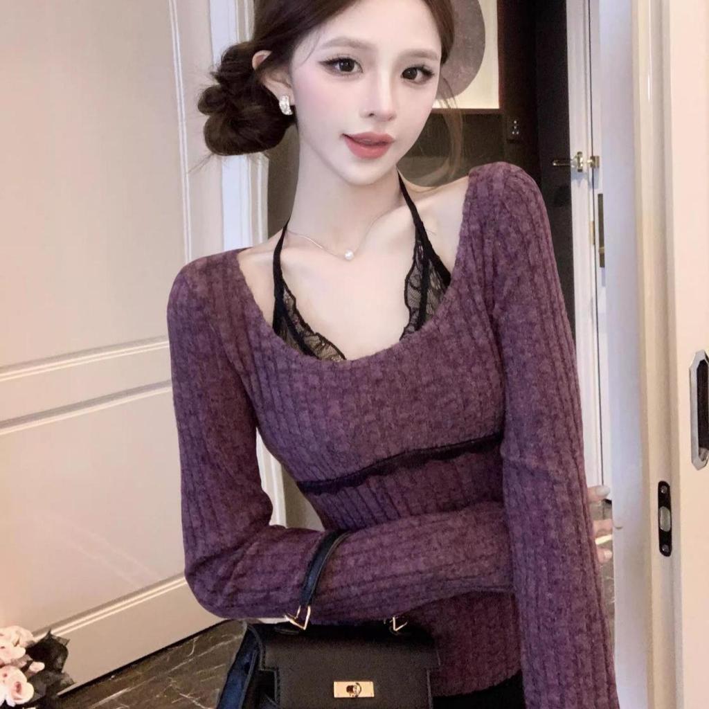 Czysty i Seksowny Fioletowy Halterneck Dwuczęściowy Iluzjonistyczny Długi Rękaw Dopasowany Damski Krótki Top