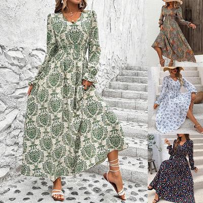 Autumn Sale Women's Printed V-Neck Long Sleeve Maxi Dress