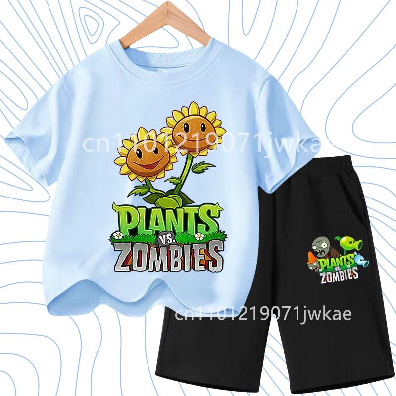 Kids Street Fashion Boys Girls T Shirt Set Plants Vs Zombies Cute Print 2026 Summer Casual Daily Wear 3-12 Age Shirt Suit