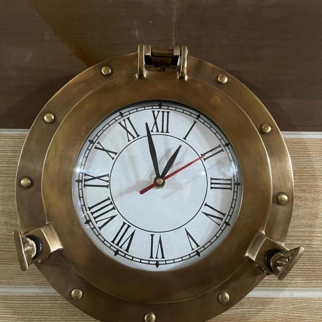 12-Inch Brass Antique Ship Porthole Clock - Nautical Marine Timepiece - Silent Analog Battery Quartz Wall Decor for Home & Office