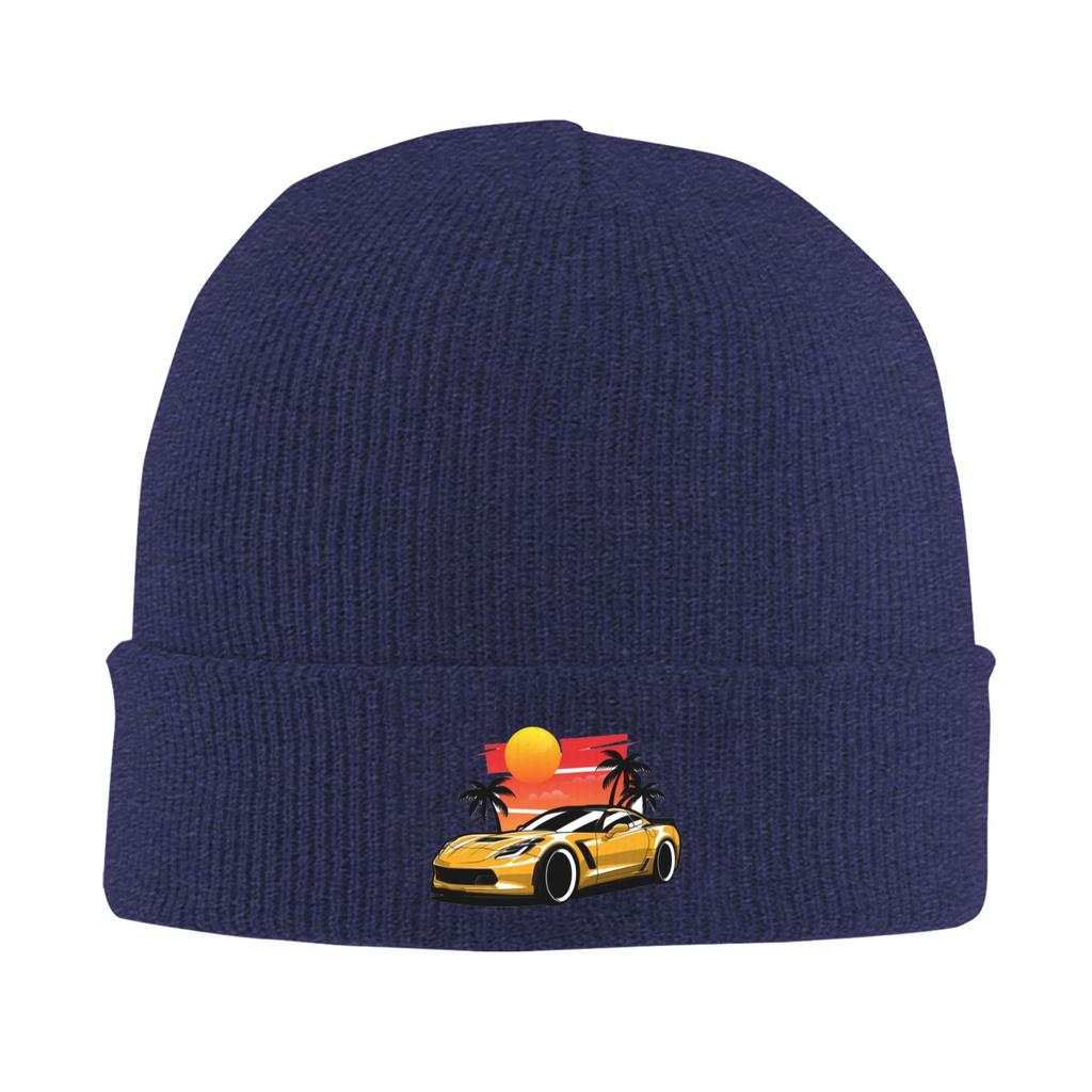 Yellow Corvette Z06 Sunset Palms Winter Skullies Beanies Hat Warm Autumn Knitted Hats Bonnet Caps for Women Men