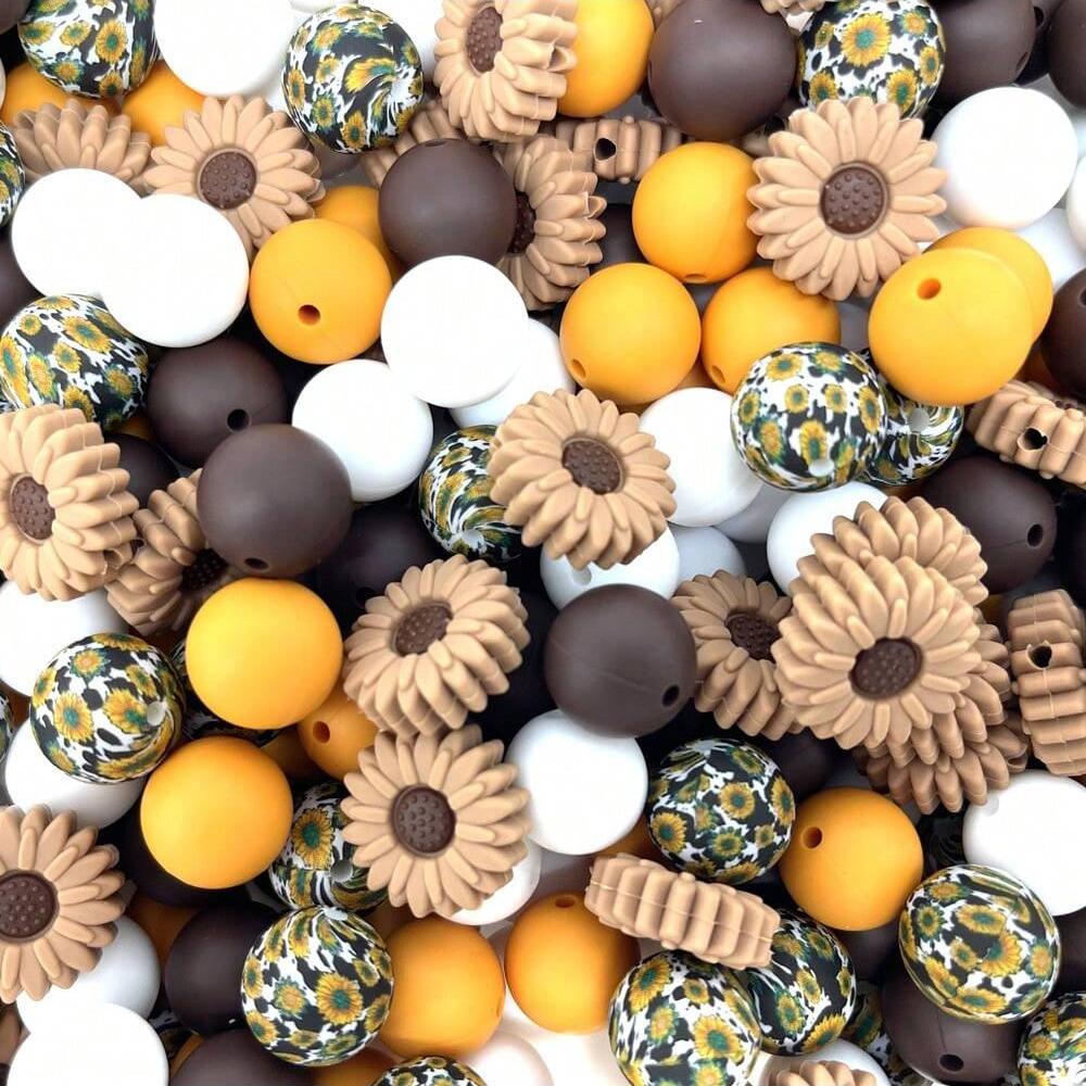 25PCS daisy and floral printed silicone bead set, punk style, suitable for DIY keychains, bracelets, bead pens