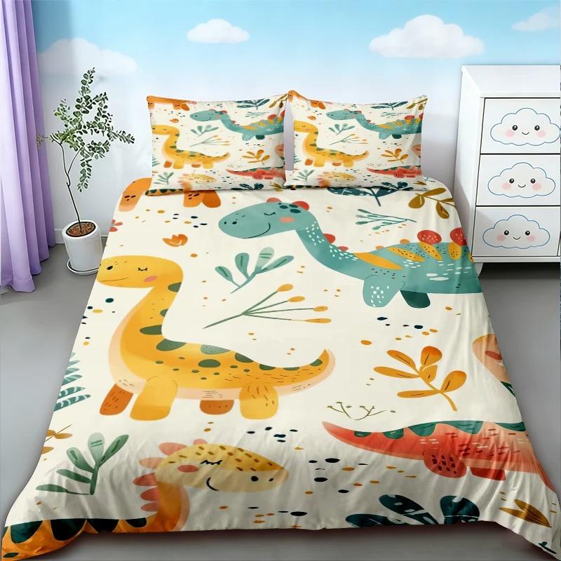Cute Dinosaur Bedding Set, Cartoon Kids Dino Duvet Cover Pillowcase, for Boys Girls Bedroom Decor Twin Full 2/3Piece Bed Set