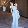 Blue Heavy Industry Evening Dress Temperament Light Luxury Tube Top Host Feather Sequined Engagement Morning Robe Fishtail Dress