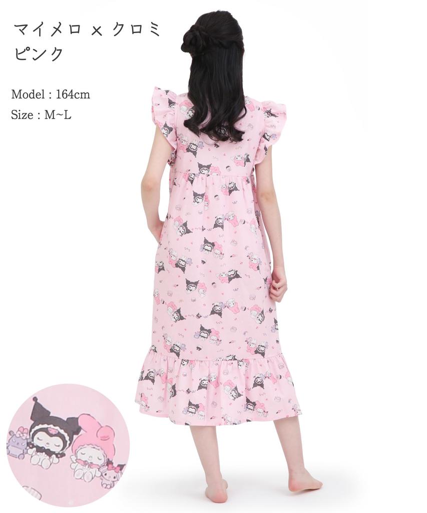 SAZAC Angel My Melody x Kuromi Cotton Dress, 100% Broadcloth, Women's Nightgown/Loungewear (Pink/M-L/SAN1948)