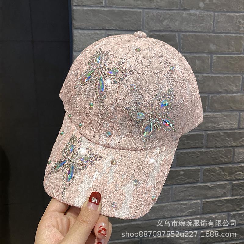 Lace rhinestone butterfly baseball cap children's summer outdoor shading breathable sun protection cap fashion duck tongue sun hat