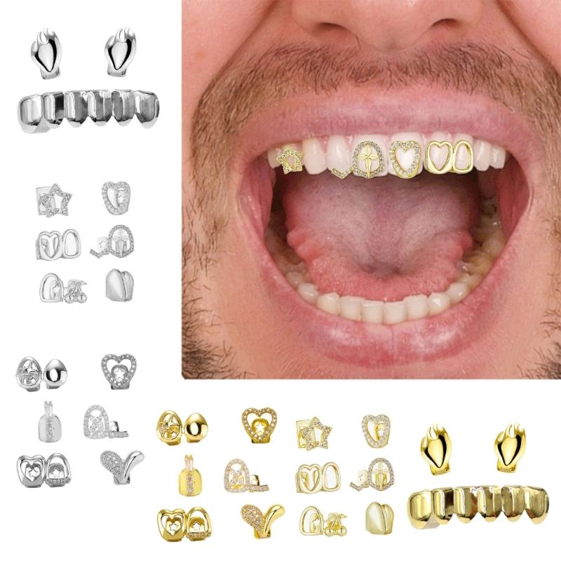 Fashionable Metal Fang Grillzs Hollow Teeth Jewelry Copper Texture Dental Accessory Suitable for Parties and Event